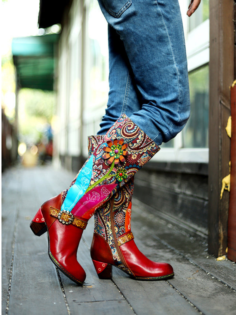 SOFFIA | Ethnic Floral Pattern Knee-high Block Heel Boots