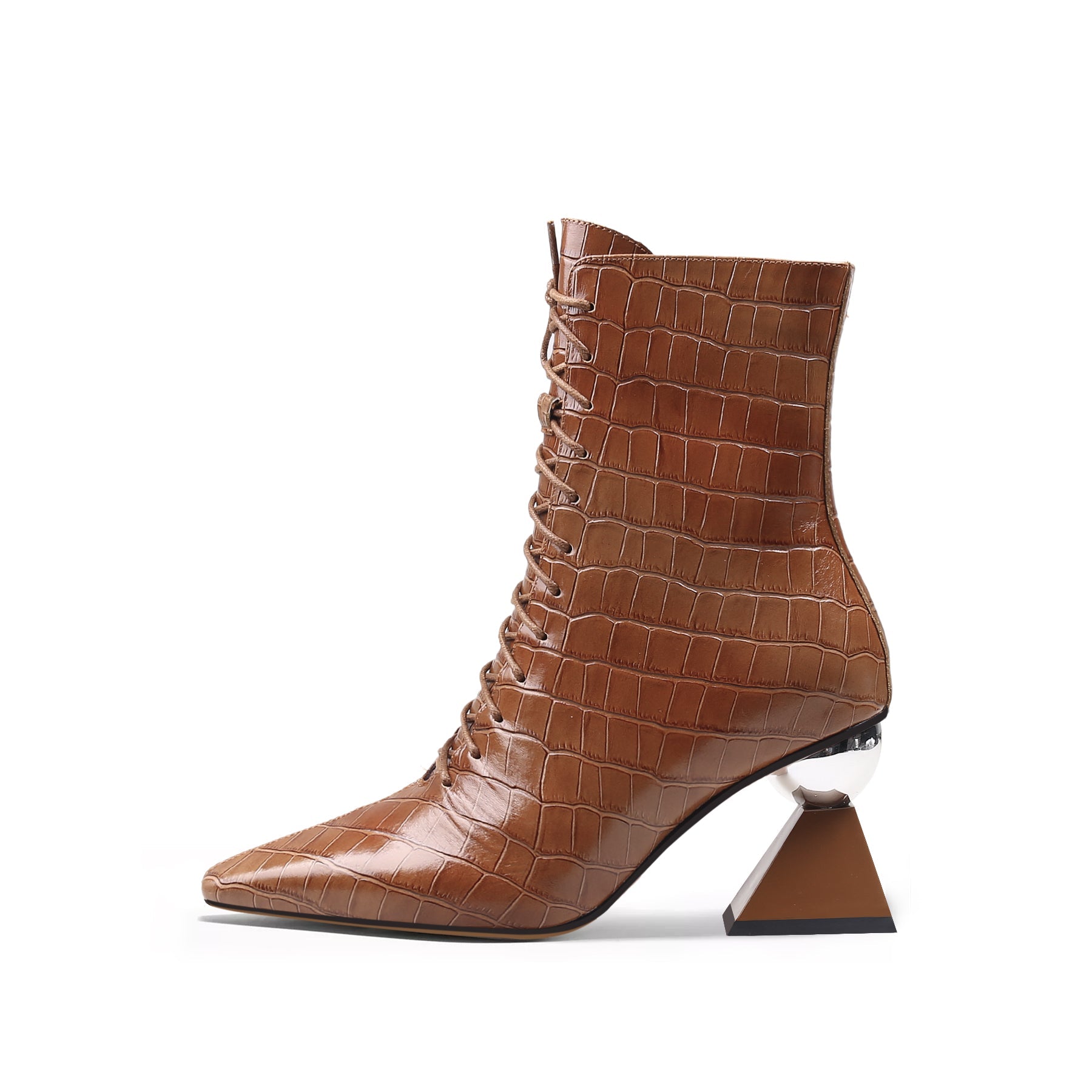 JADY ROSE | CRYSTAL HEEL CROC EMBOSSED LEATHER BOOTIE - BROWN