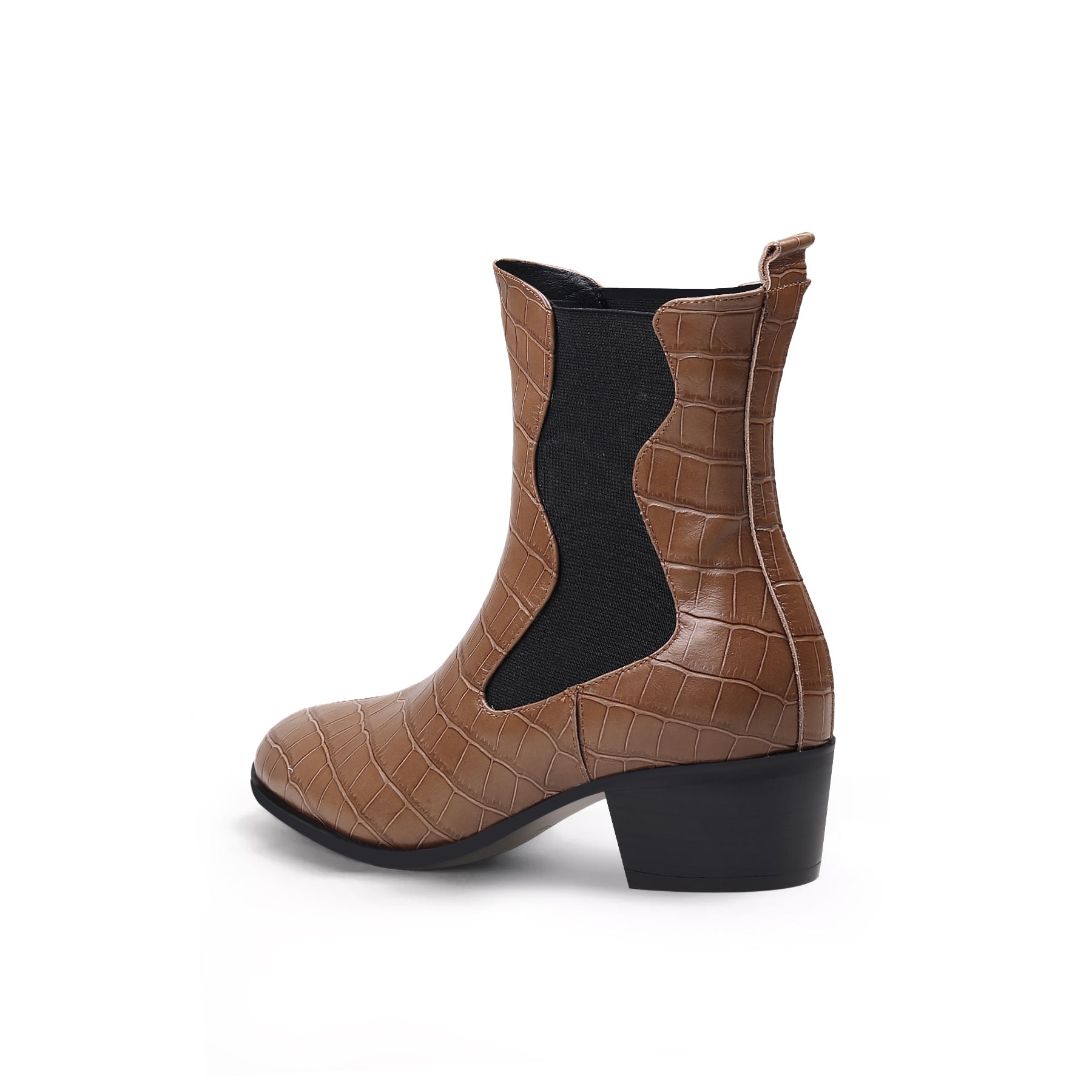 JADY ROSE | BLOCK HEEL CROC PATTERN LEATHER CHELSEA BOOTIE - BROWN