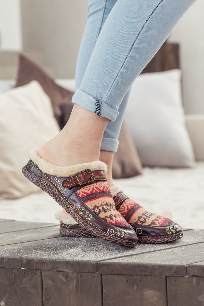 SOFFIA | Genuine Leather Geometry Printed Wool Lined Slippers Clogs - Brown