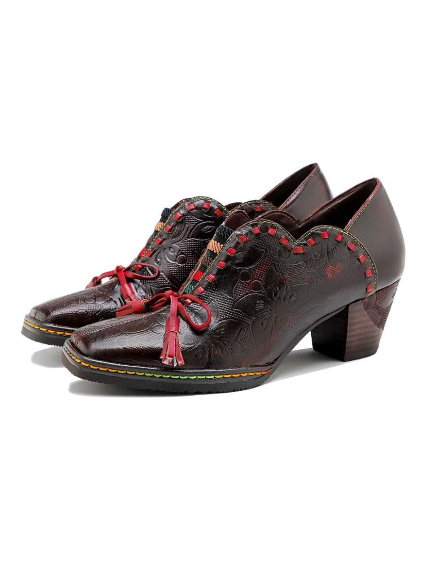 SOFFIA | Curve Ankle Floral Embossed Genuine Leather Loafers