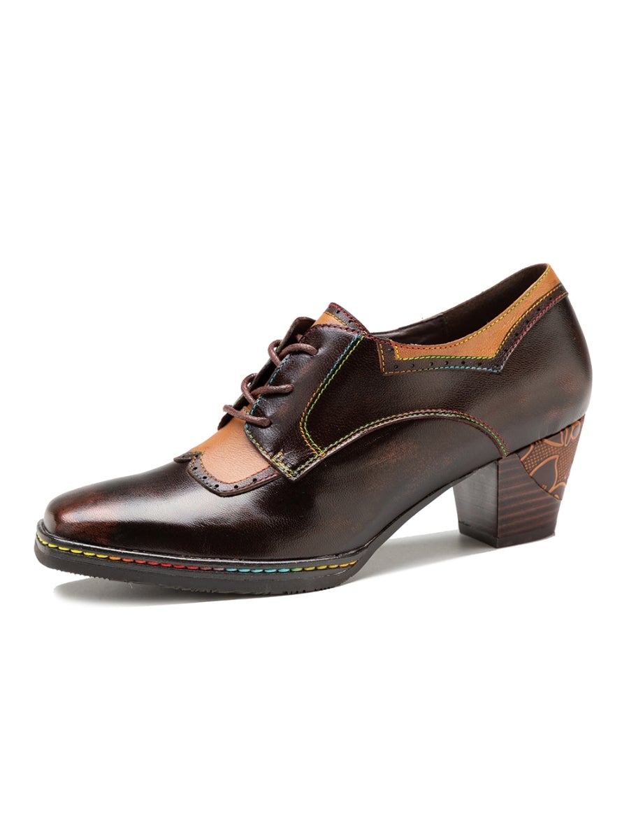 SOFFIA | Genuine Leather Blossom Embossed Back Heel Oxford Shoes