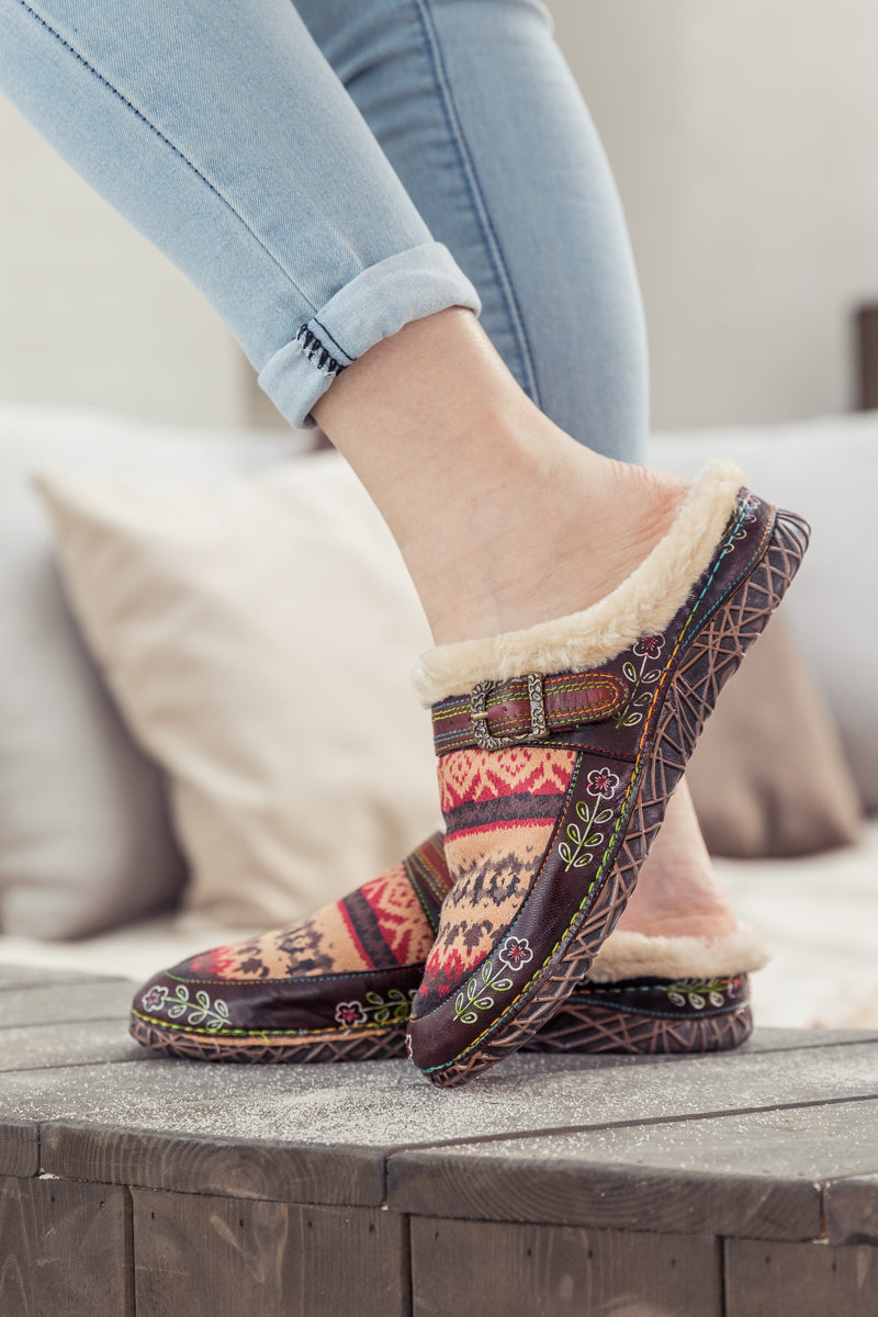 SOFFIA | Genuine Leather Geometry Printed Wool Lined Slippers Clogs - Brown