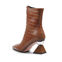 JADY ROSE | CRYSTAL HEEL CROC EMBOSSED LEATHER BOOTIE - BROWN