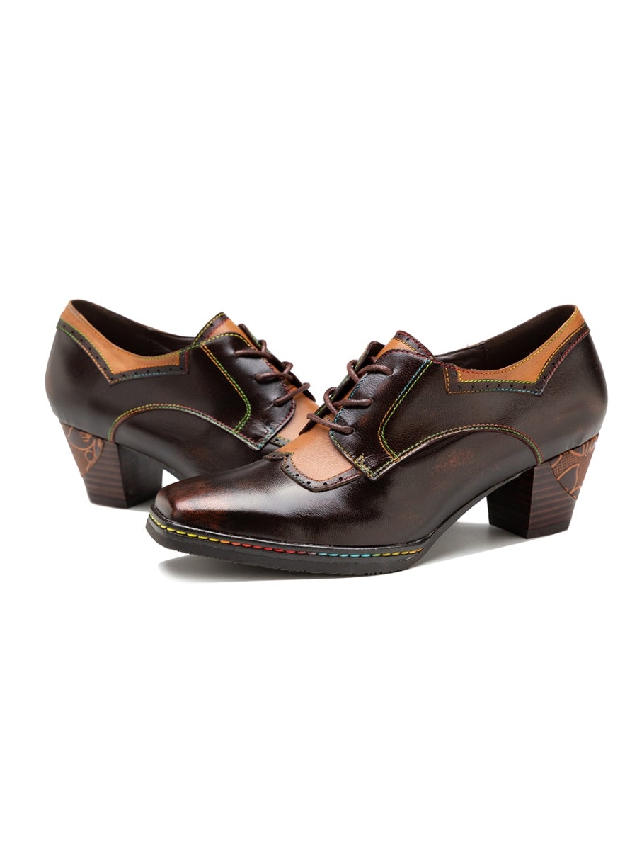 SOFFIA | Genuine Leather Blossom Embossed Back Heel Oxford Shoes