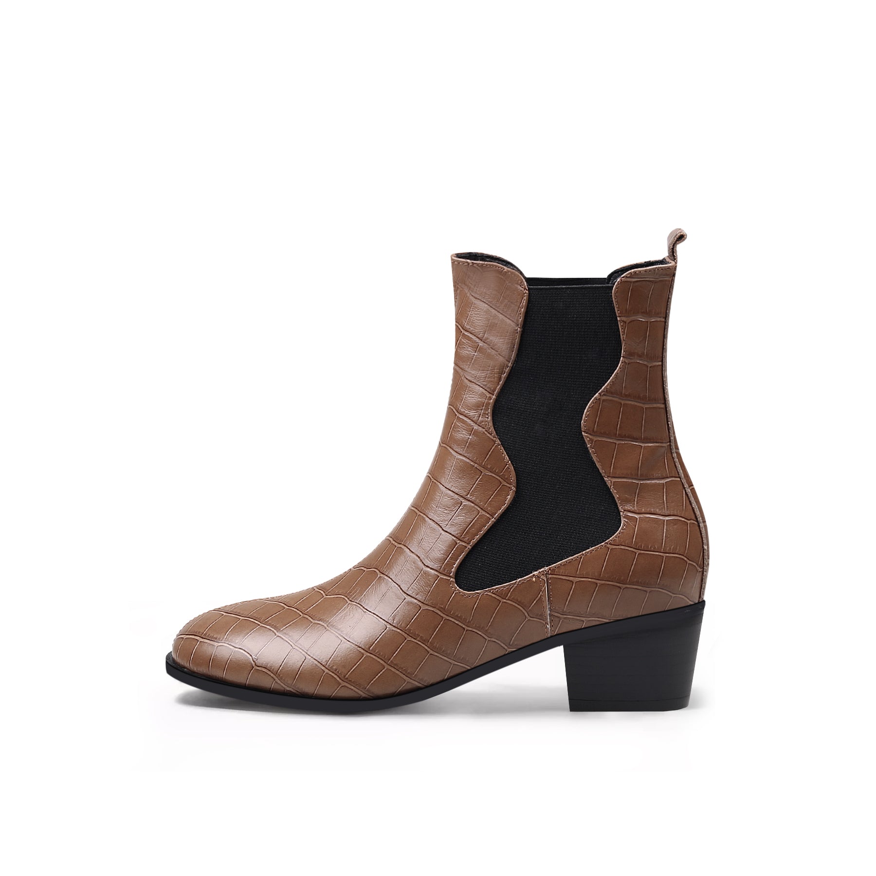 JADY ROSE | BLOCK HEEL CROC PATTERN LEATHER CHELSEA BOOTIE - BROWN