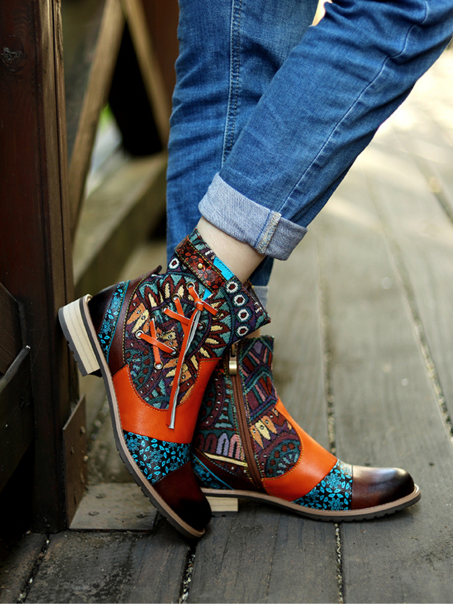 SOFFIA | Aboriginal Art Tassel Leather Ankle Boots