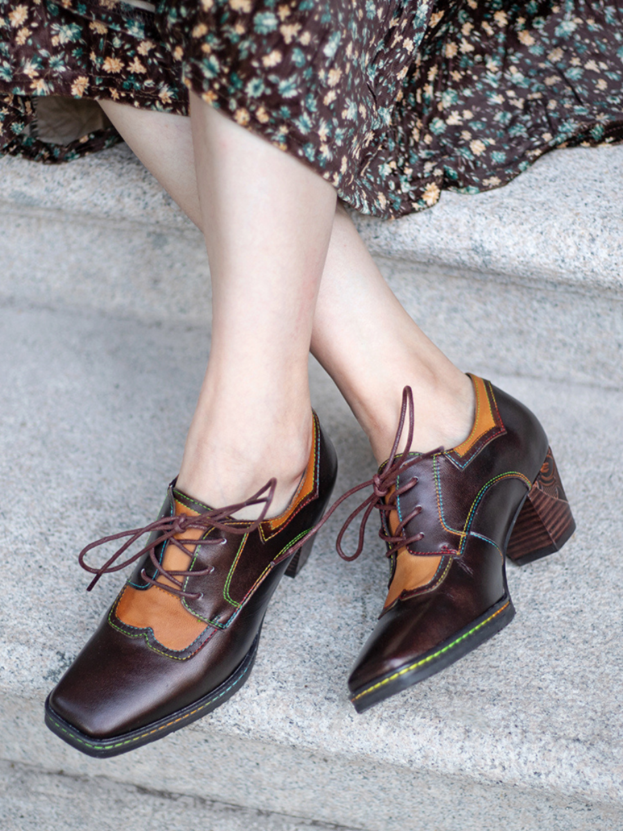 SOFFIA | Genuine Leather Blossom Embossed Back Heel Oxford Shoes