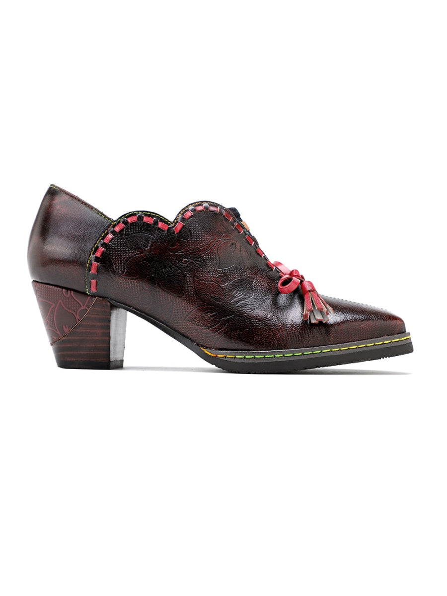 SOFFIA | Curve Ankle Floral Embossed Genuine Leather Loafers