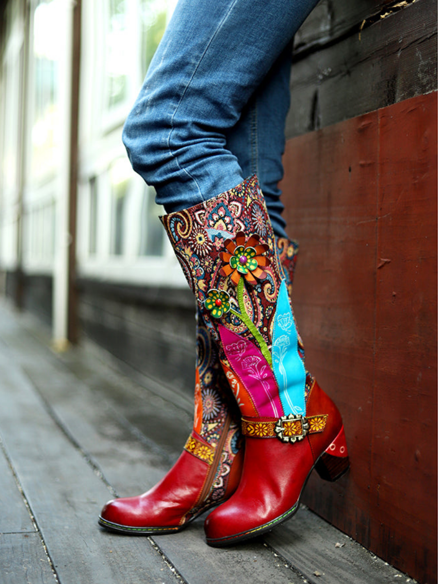 SOFFIA | Ethnic Floral Pattern Knee-high Block Heel Boots