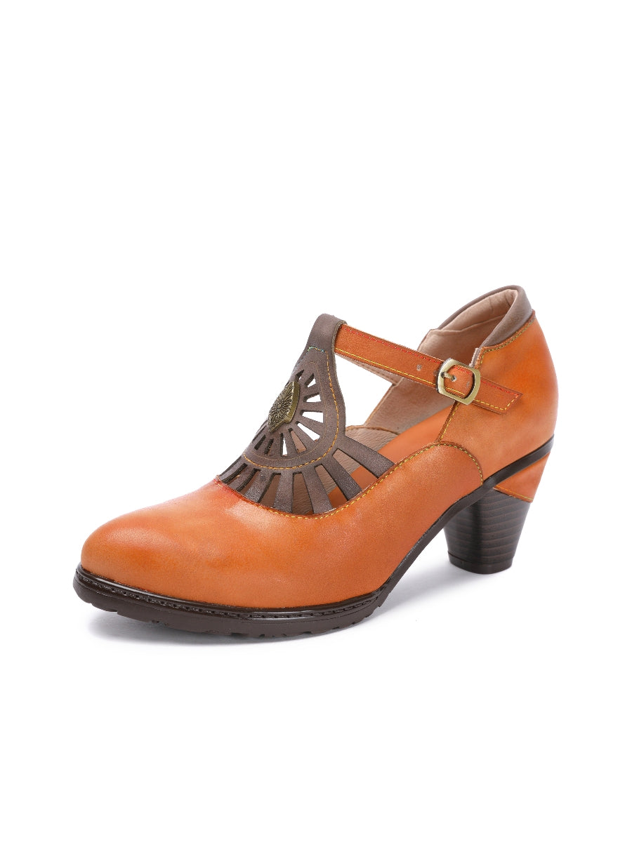 SOFFIA | Brown Genuine Leather Cut Out Vintage Mary Jane Heeled Pumps