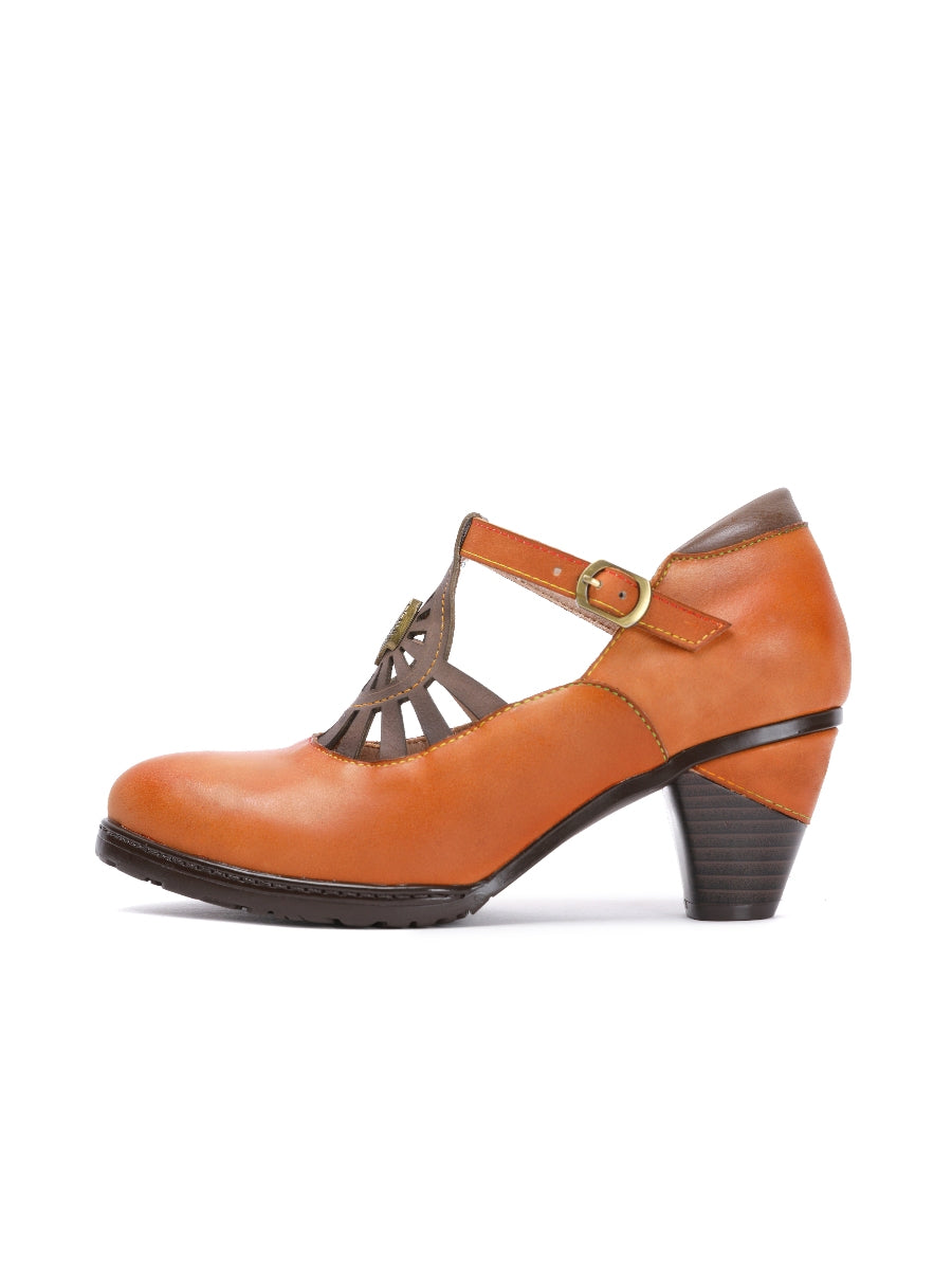 SOFFIA | Brown Genuine Leather Cut Out Vintage Mary Jane Heeled Pumps