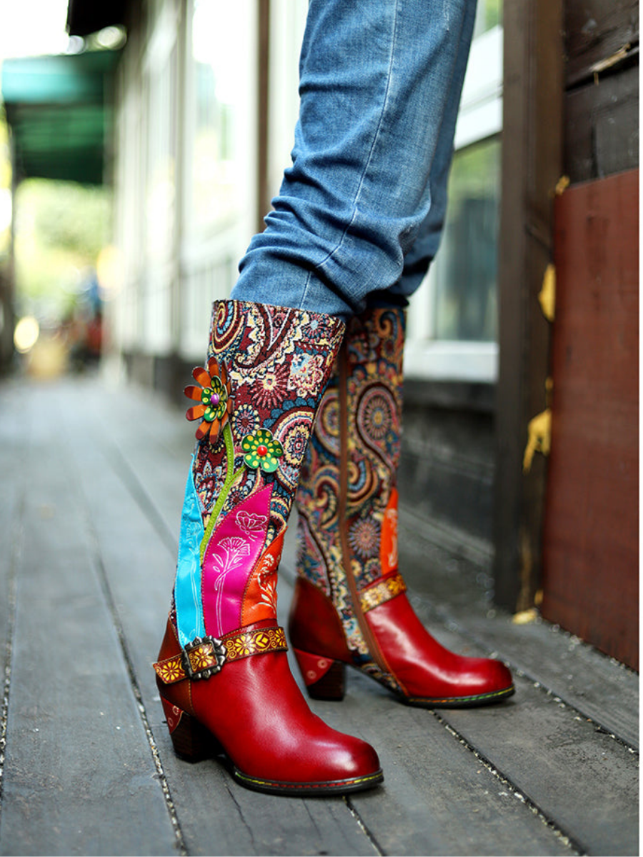 SOFFIA | Ethnic Floral Pattern Knee-high Block Heel Boots