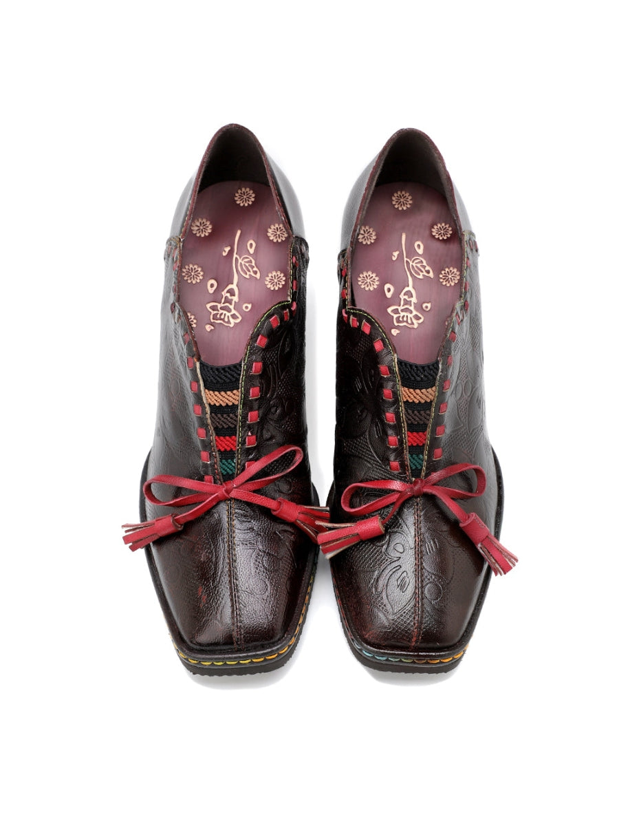 SOFFIA | Curve Ankle Floral Embossed Genuine Leather Loafers