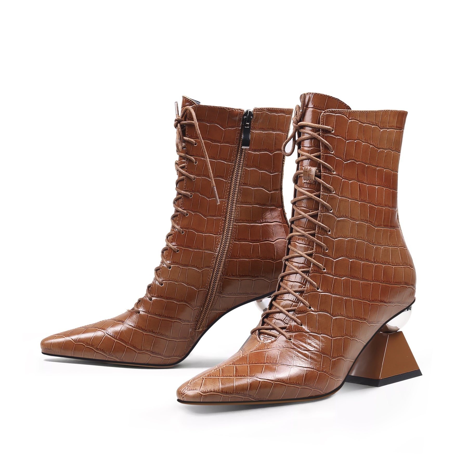 JADY ROSE | CRYSTAL HEEL CROC EMBOSSED LEATHER BOOTIE - BROWN