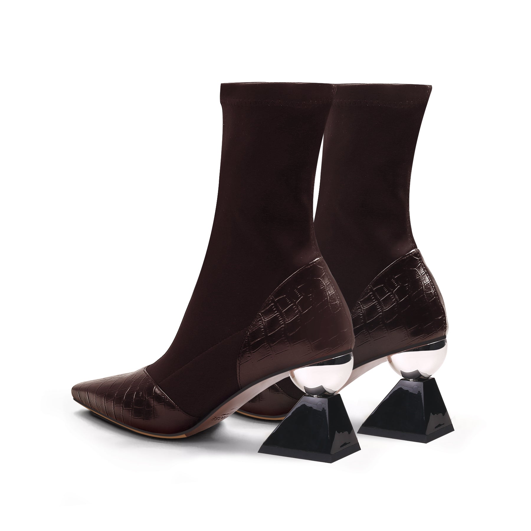 JADY ROSE | BLOCK HEEL CROC PATTERN LEATHER SOCK BOOT - BROWN