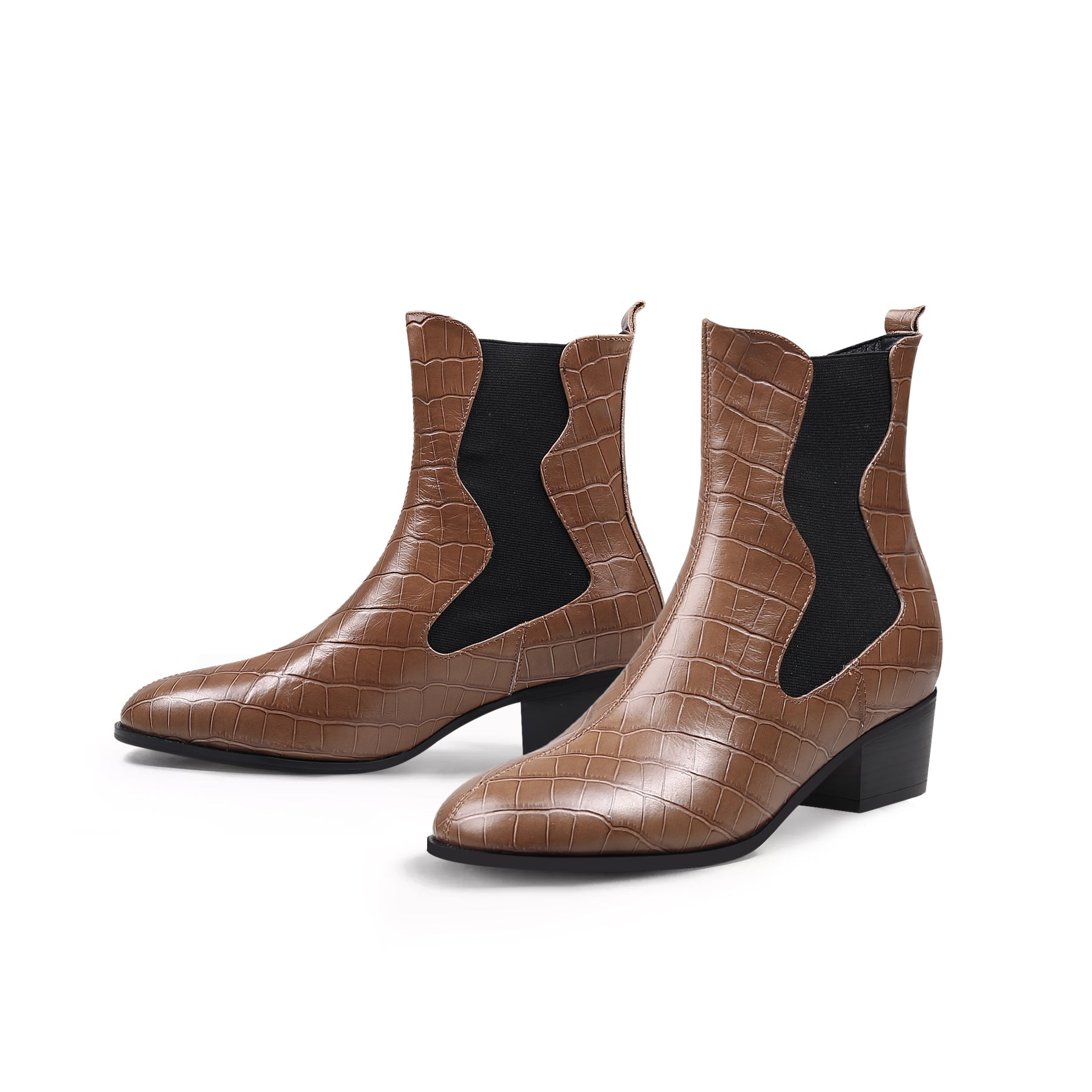 JADY ROSE | BLOCK HEEL CROC PATTERN LEATHER CHELSEA BOOTIE - BROWN