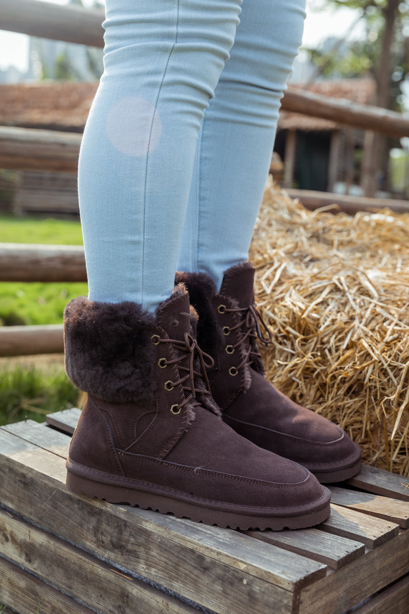 SMAIBULUN Ugg | WOOL LINED SUEDE TIE UP BOOTS - CHOCOLATE