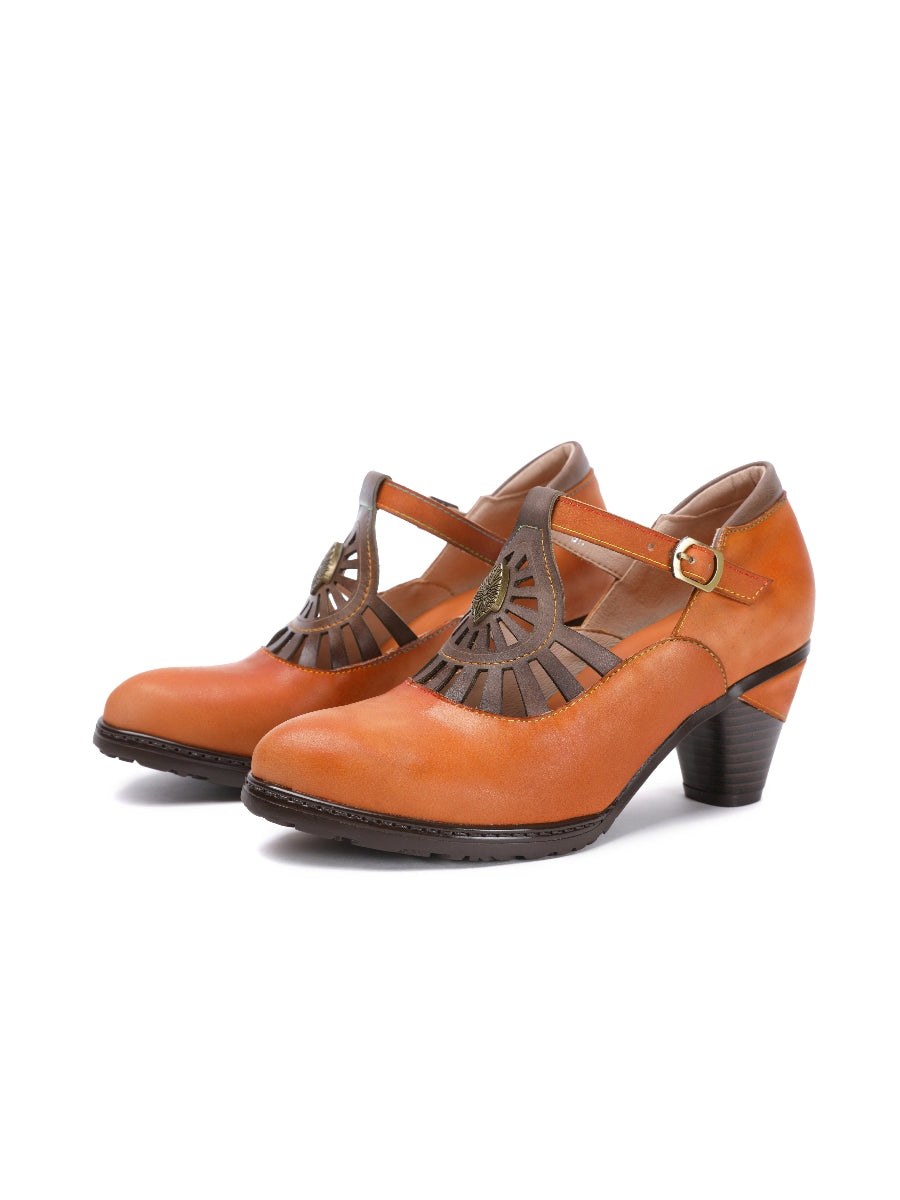 SOFFIA | Brown Genuine Leather Cut Out Vintage Mary Jane Heeled Pumps