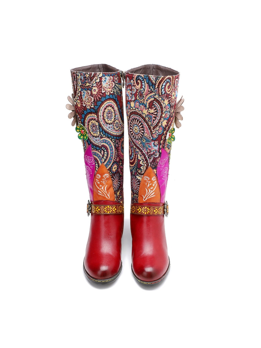 SOFFIA | Ethnic Floral Pattern Knee-high Block Heel Boots