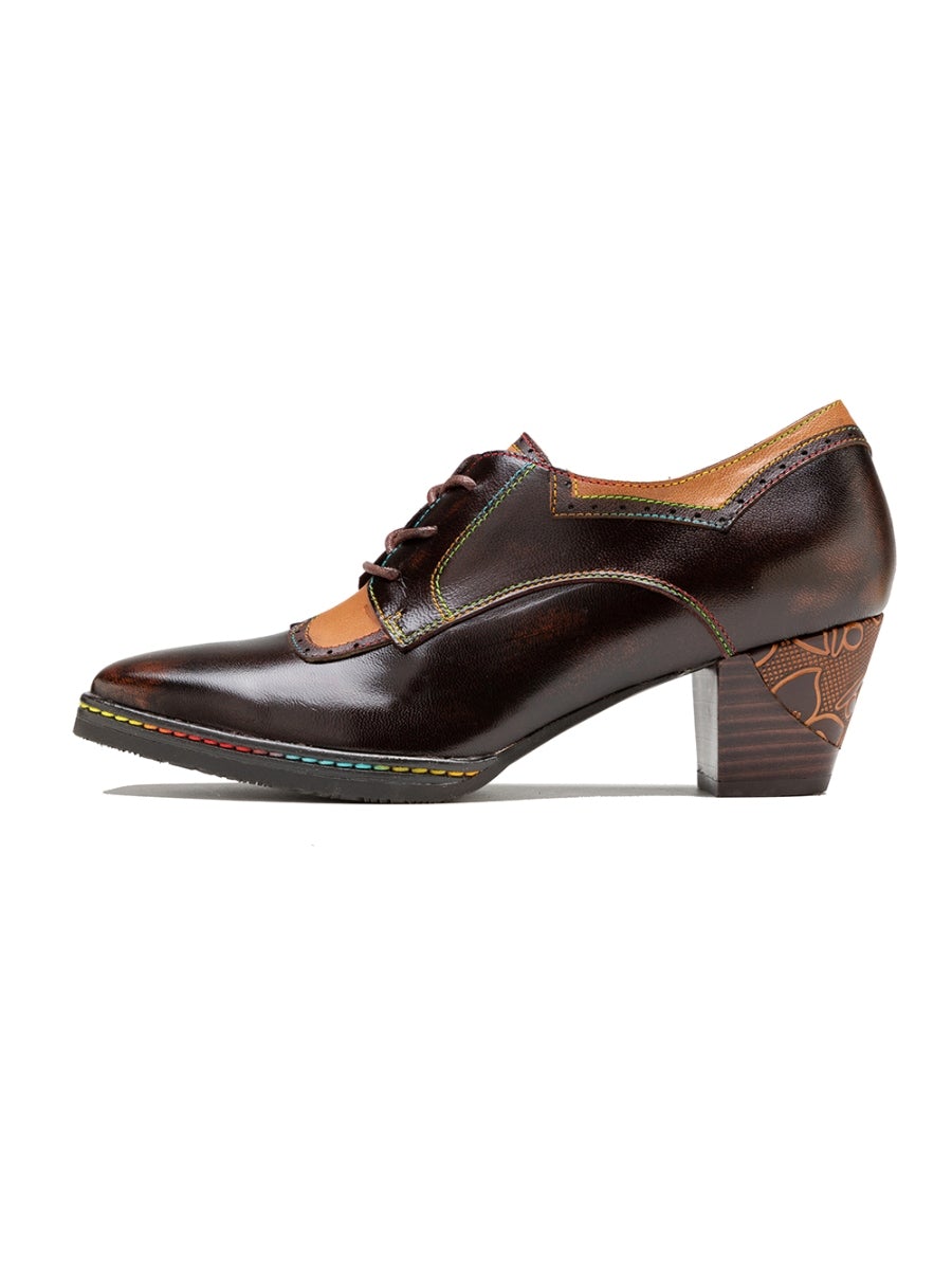 SOFFIA | Genuine Leather Blossom Embossed Back Heel Oxford Shoes