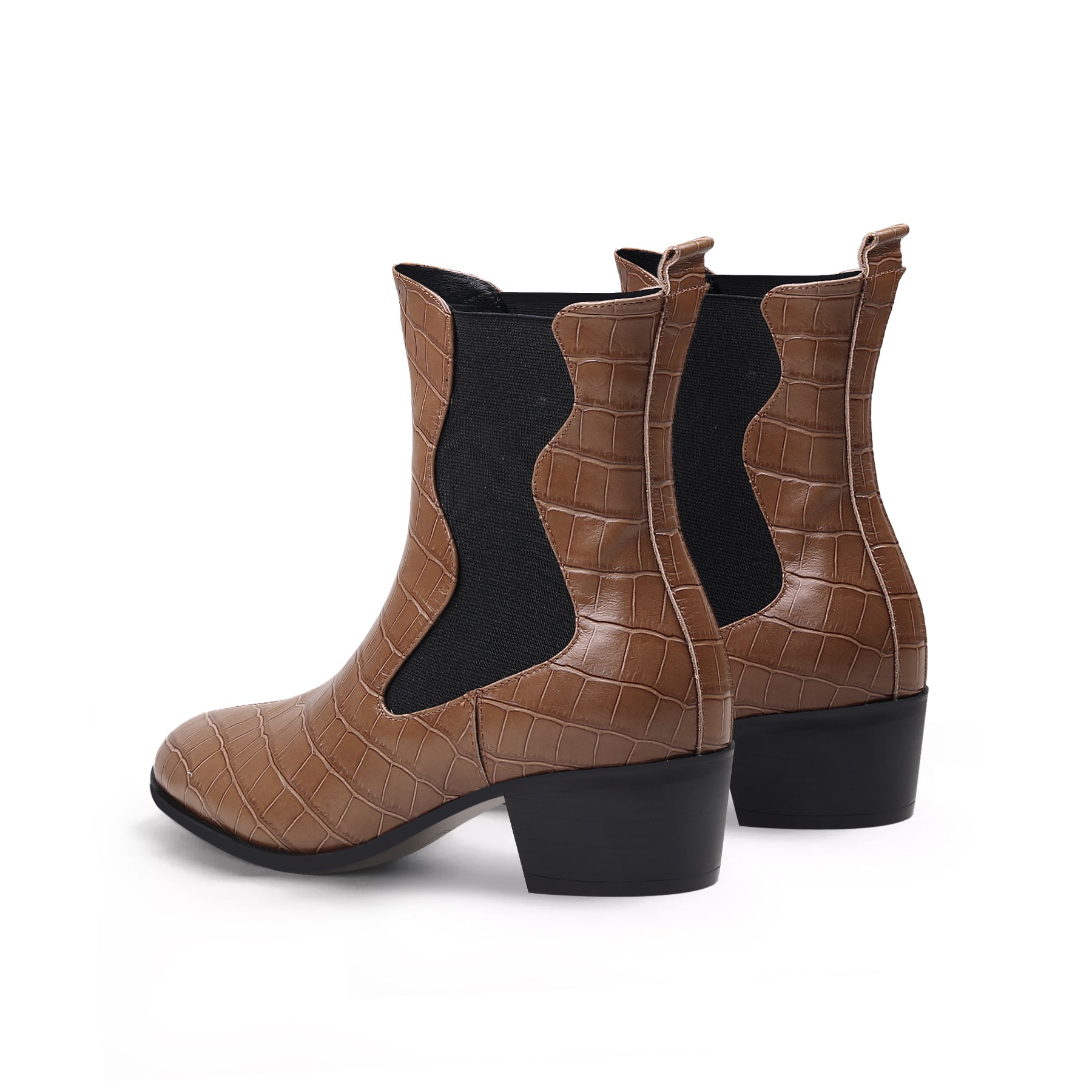 JADY ROSE | BLOCK HEEL CROC PATTERN LEATHER CHELSEA BOOTIE - BROWN