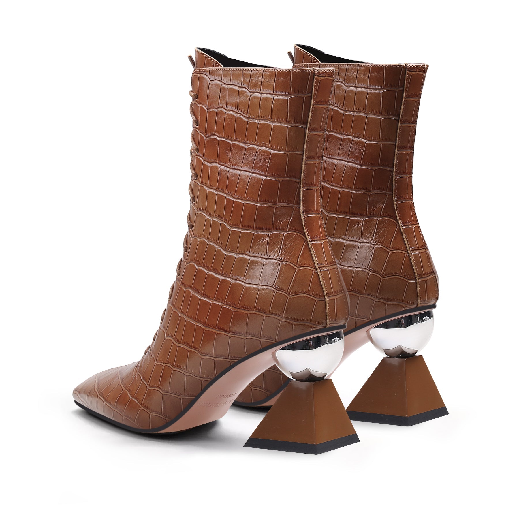 JADY ROSE | CRYSTAL HEEL CROC EMBOSSED LEATHER BOOTIE - BROWN