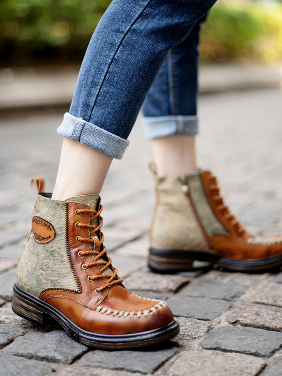 SOFFIA | Zip Trim Stitch Detailed Head Leather Combat Boots