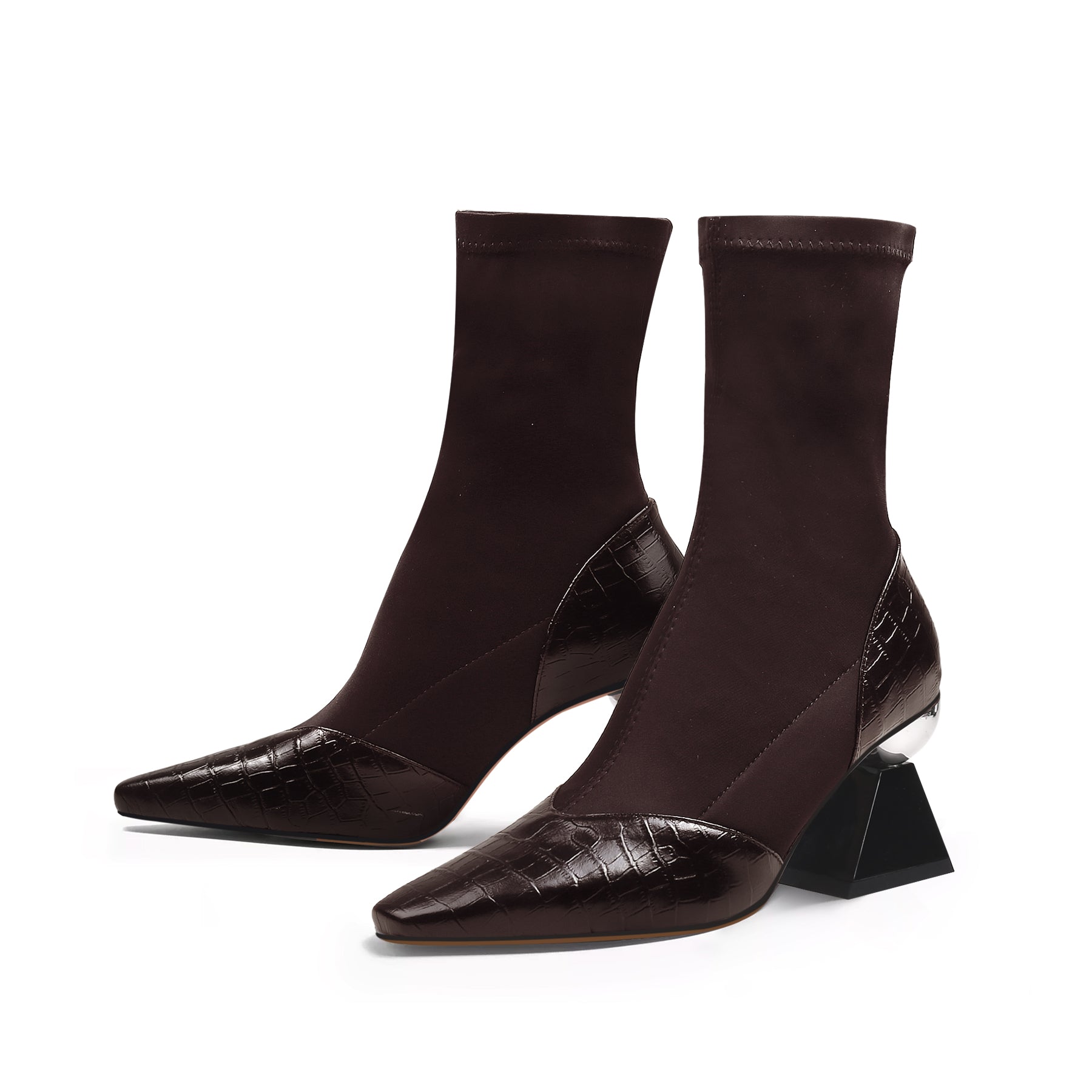 JADY ROSE | BLOCK HEEL CROC PATTERN LEATHER SOCK BOOT - BROWN