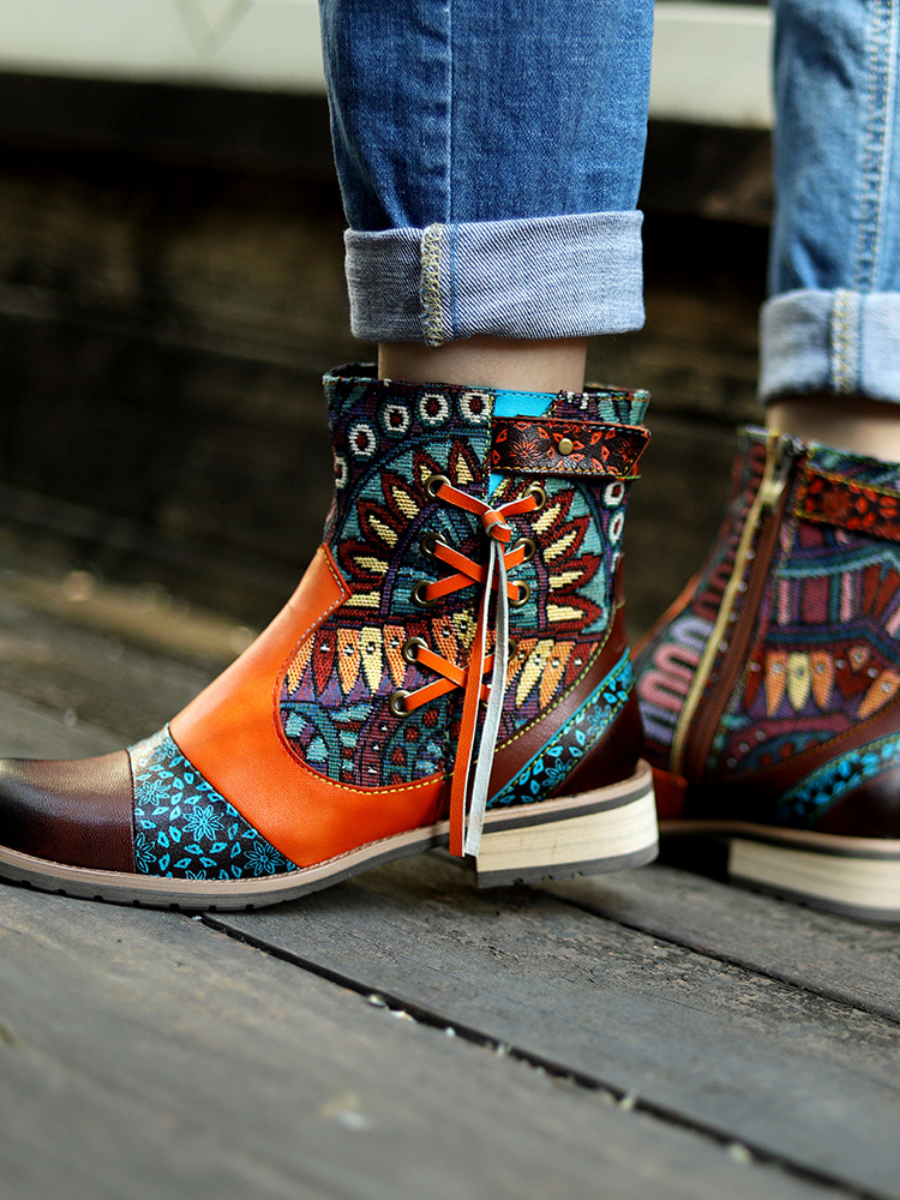 SOFFIA | Aboriginal Art Tassel Leather Ankle Boots