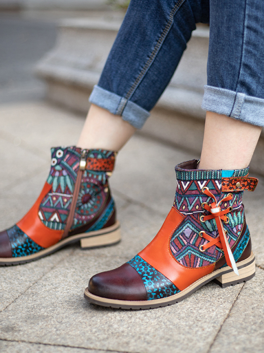 SOFFIA | Aboriginal Art Tassel Leather Ankle Boots