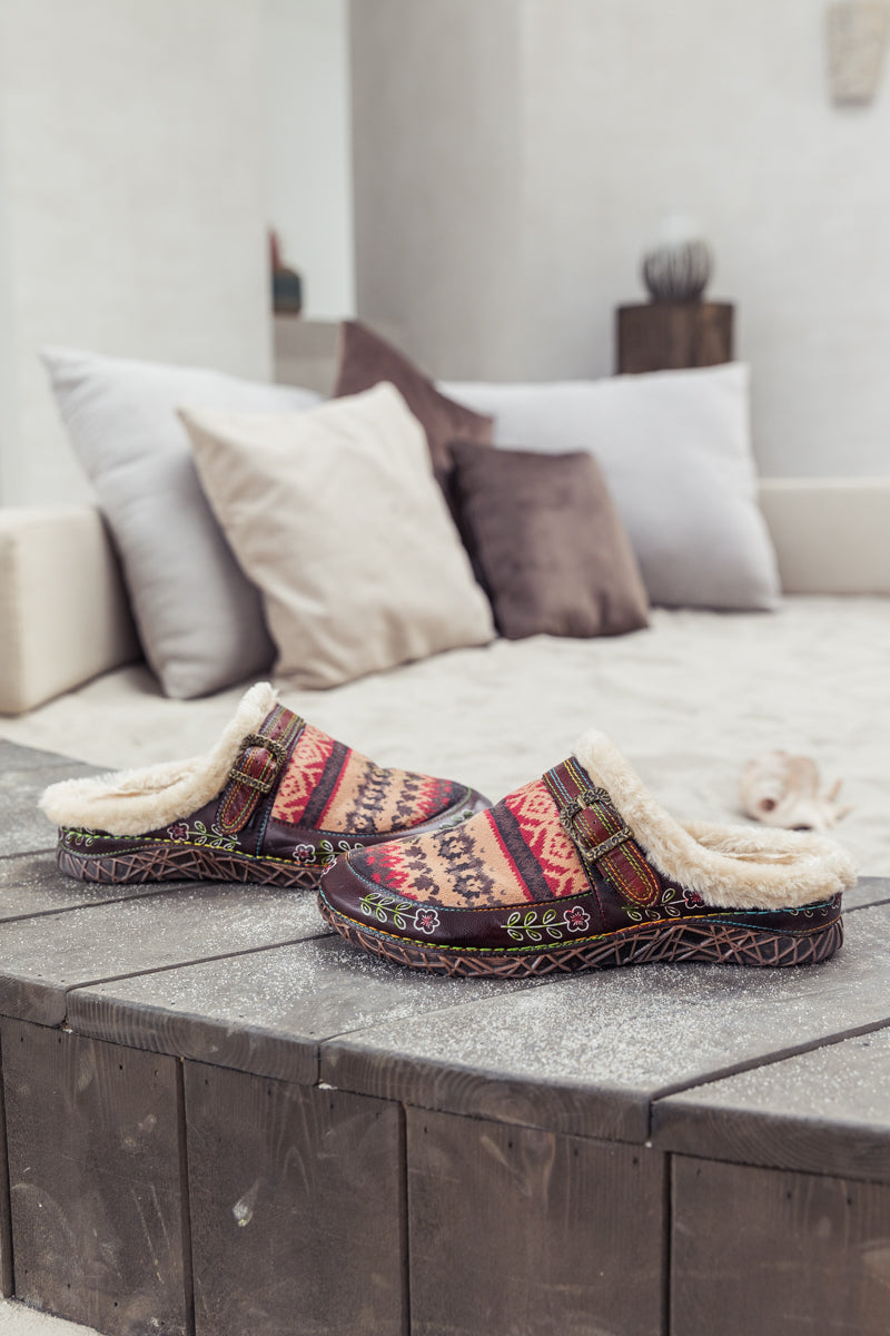 SOFFIA | Genuine Leather Geometry Printed Wool Lined Slippers Clogs - Brown