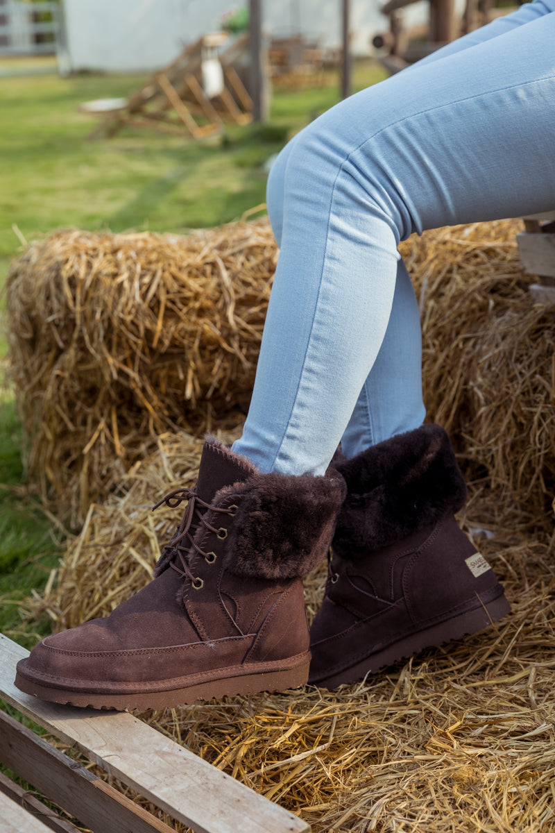 SMAIBULUN Ugg | WOOL LINED SUEDE TIE UP BOOTS - CHOCOLATE