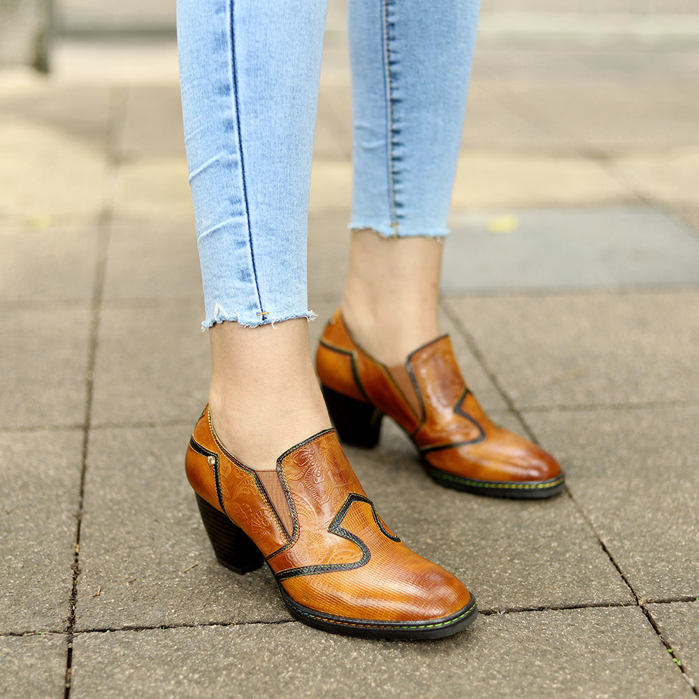 SOFFIA Genuine Leather Stitch Contrast Trim Heel Boots Loafers