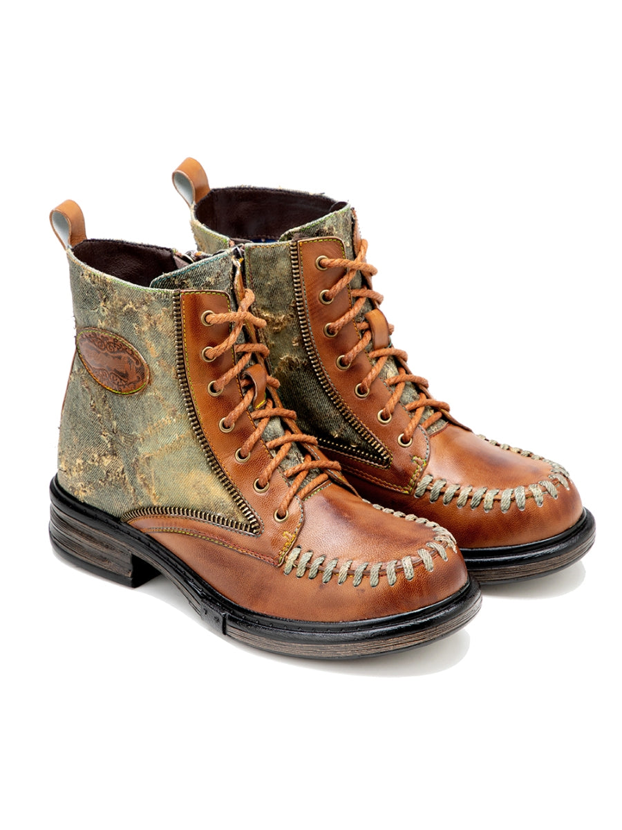 SOFFIA | Zip Trim Stitch Detailed Head Leather Combat Boots