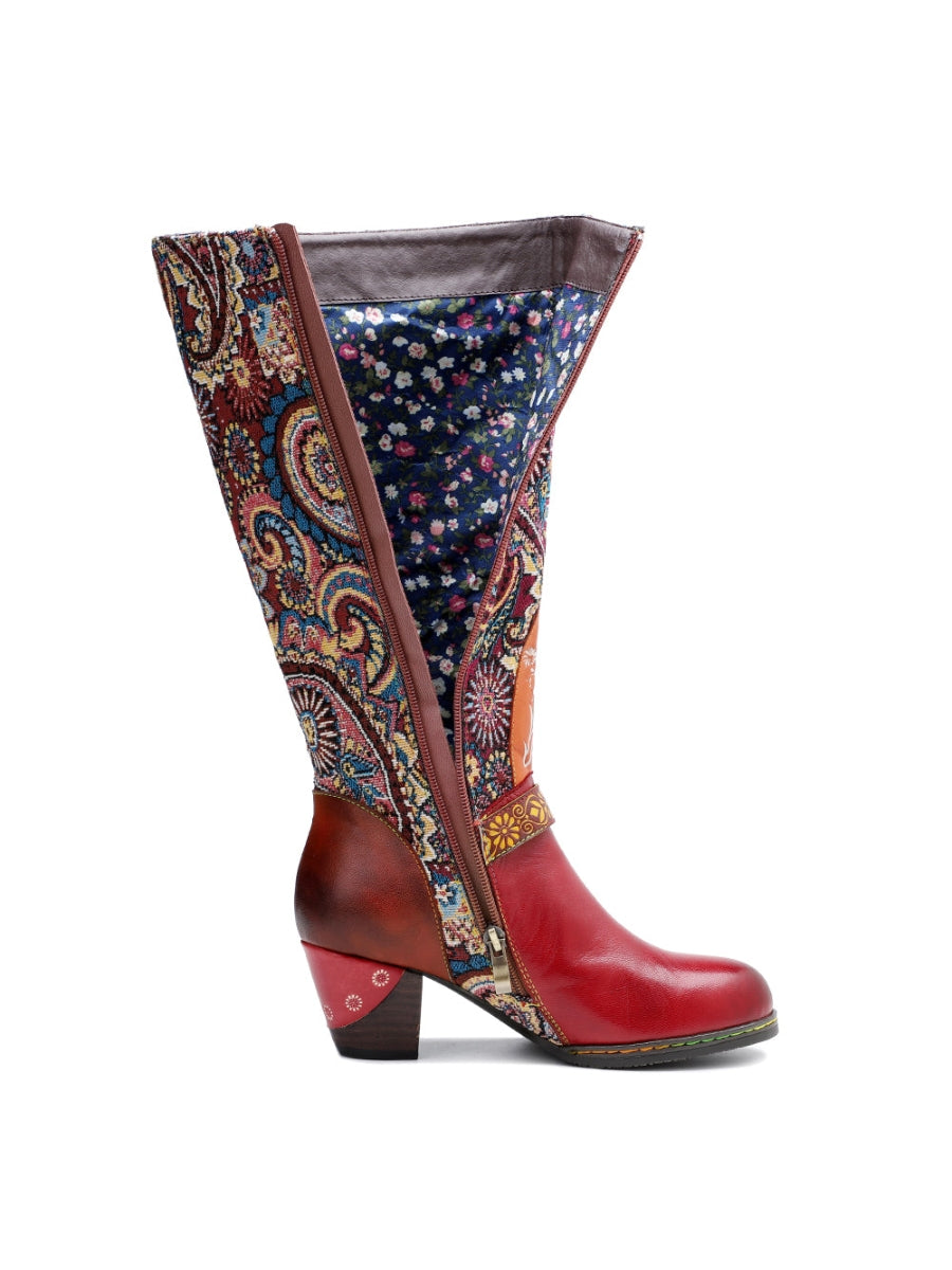 SOFFIA | Ethnic Floral Pattern Knee-high Block Heel Boots