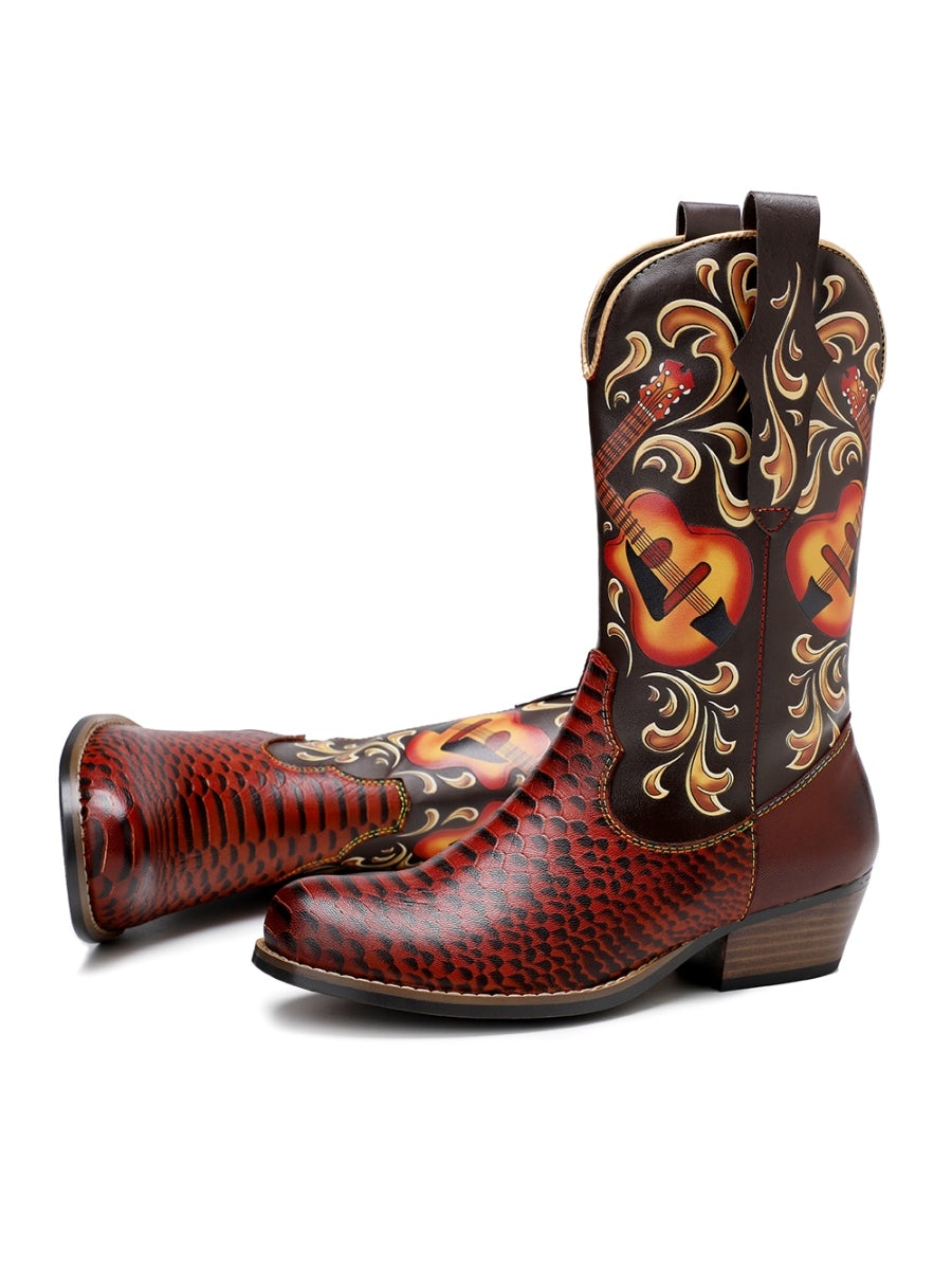 SOFFIA |Genuine Leather Brown Rock & Roll Guitar Mid-Calf Western Boots