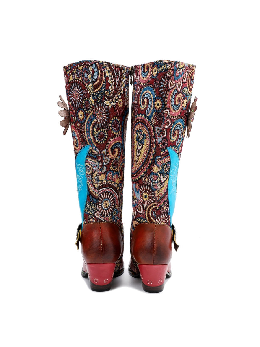 SOFFIA | Ethnic Floral Pattern Knee-high Block Heel Boots