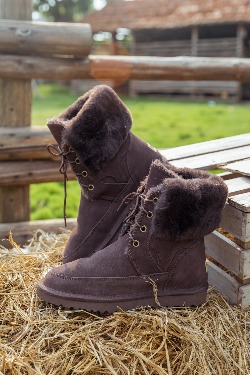 SMAIBULUN Ugg | WOOL LINED SUEDE TIE UP BOOTS - CHOCOLATE