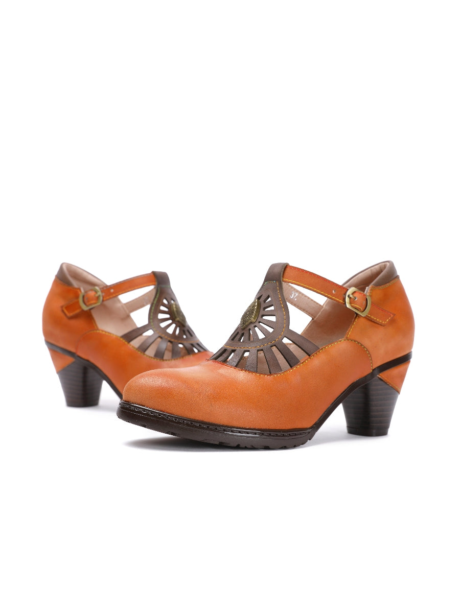 SOFFIA | Brown Genuine Leather Cut Out Vintage Mary Jane Heeled Pumps