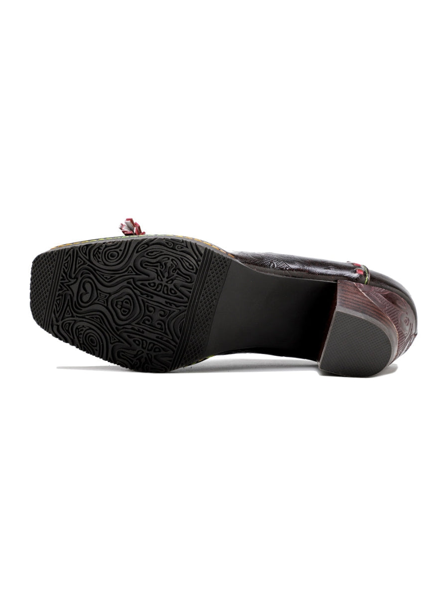 SOFFIA | Curve Ankle Floral Embossed Genuine Leather Loafers