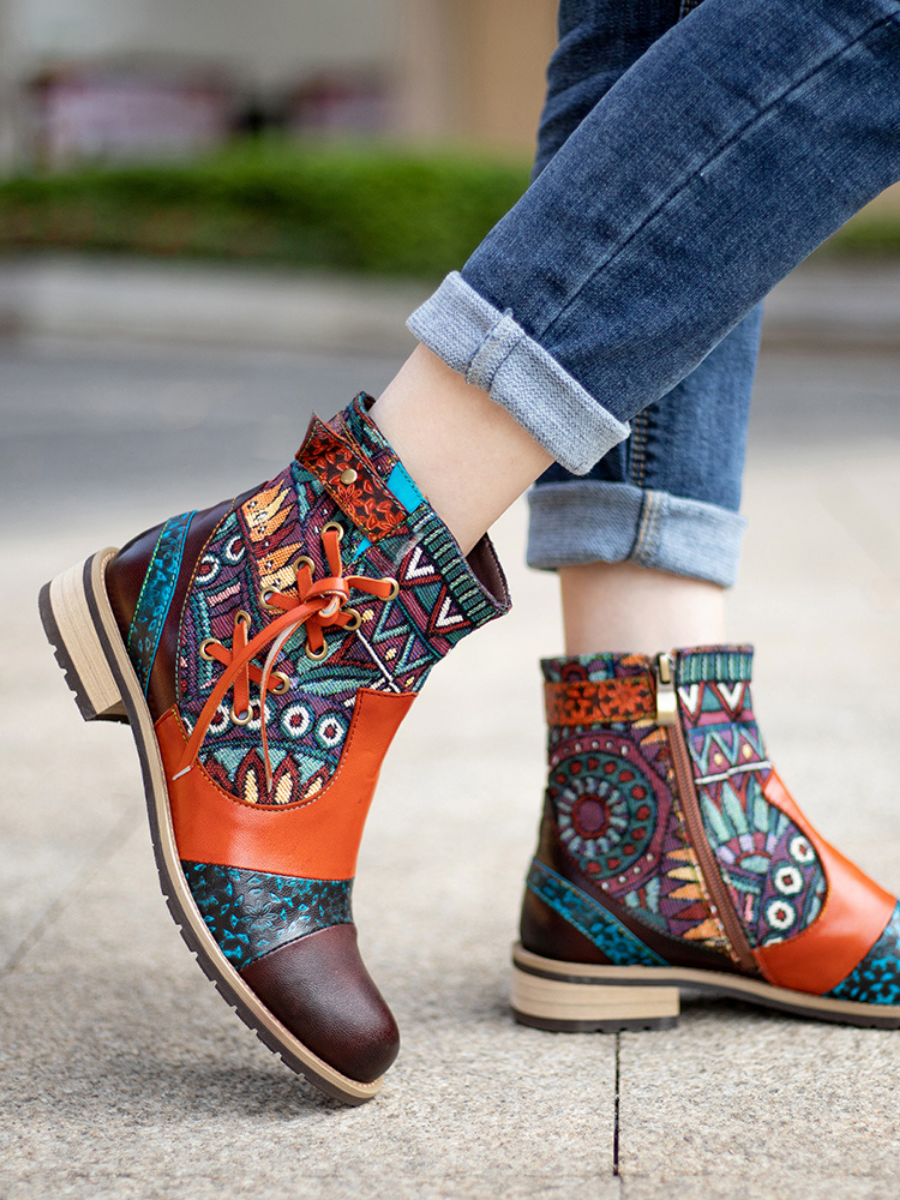 SOFFIA | Aboriginal Art Tassel Leather Ankle Boots