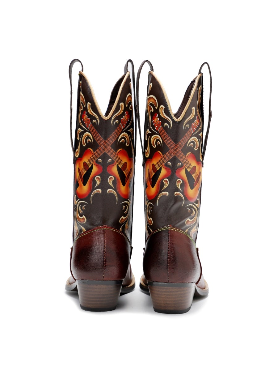 SOFFIA |Genuine Leather Brown Rock & Roll Guitar Mid-Calf Western Boots