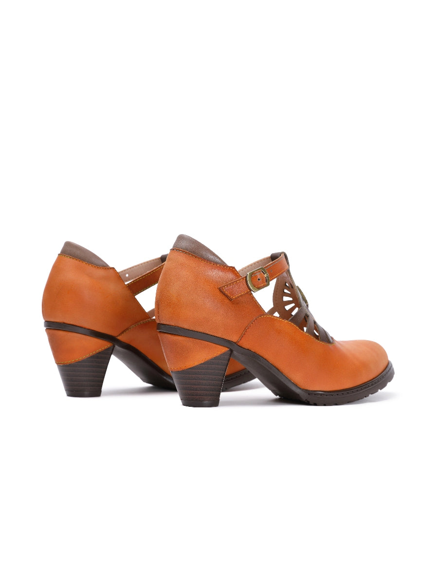 SOFFIA | Brown Genuine Leather Cut Out Vintage Mary Jane Heeled Pumps