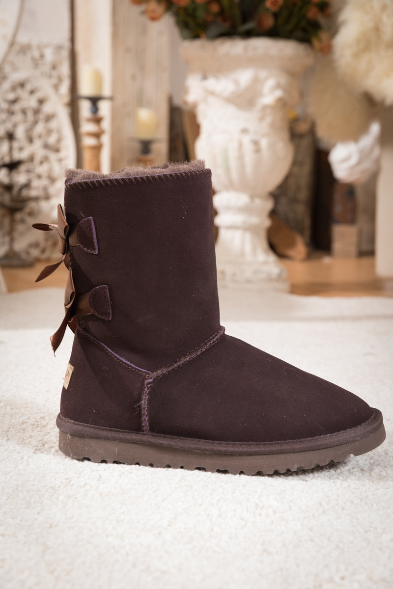 SMAIBULUN Ugg | DOUBLE RIBBON BOW SUEDE BOOT - BROWN