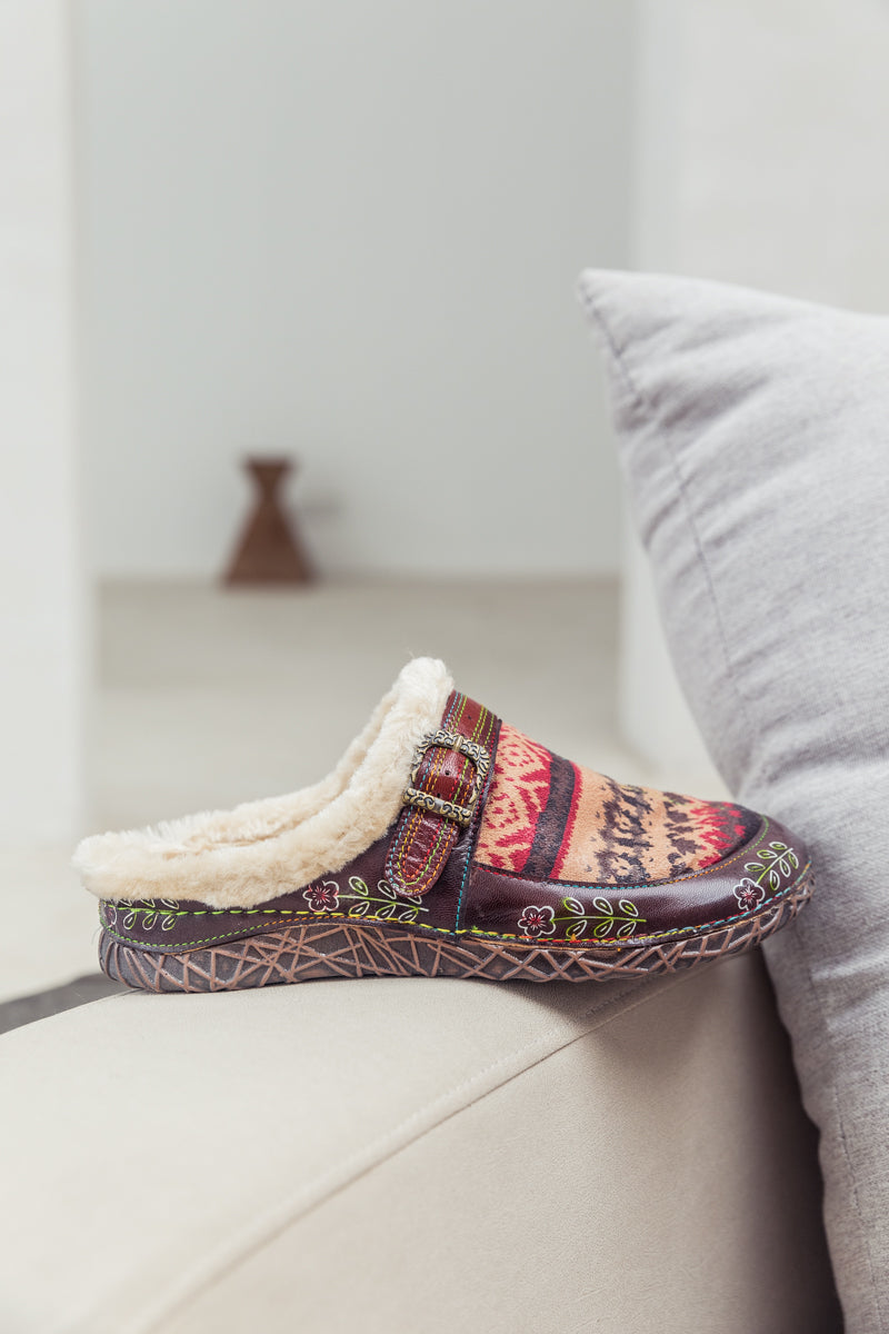 SOFFIA | Genuine Leather Geometry Printed Wool Lined Slippers Clogs - Brown