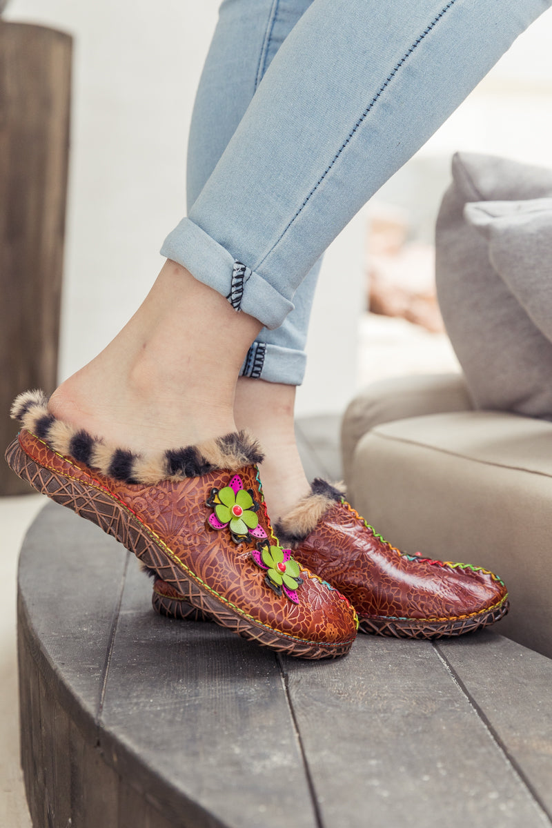 SOFFIA | Tiger Printed Wool Lined Applique Leather Slipper - Brown