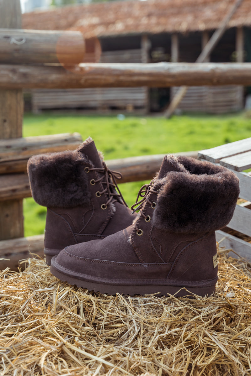 SMAIBULUN Ugg | WOOL LINED SUEDE TIE UP BOOTS - CHOCOLATE