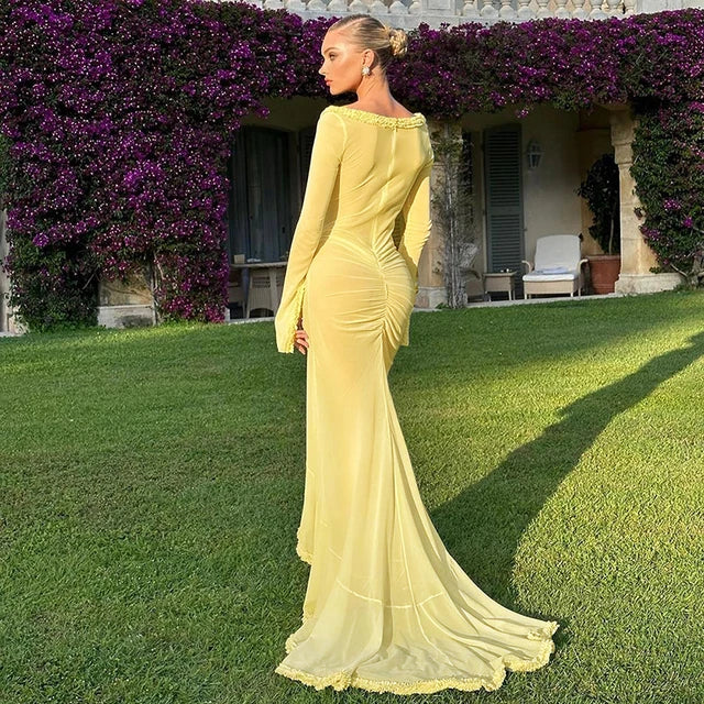 2024 Spring Solid Color Long Sleeve Mesh See Through Low Cut Sexy Floor Tassel Evening Dress