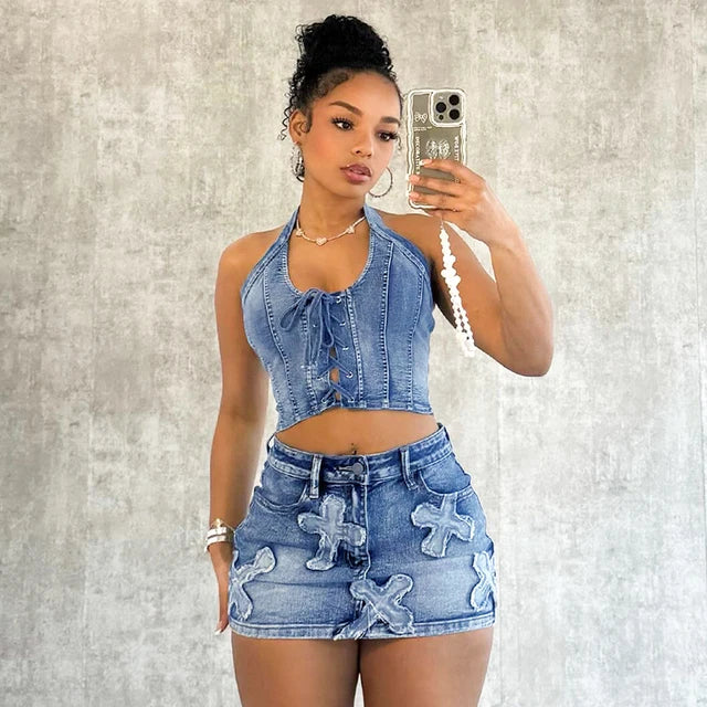 2024 Summer Denim Embroidery Women Set Sleeveless Bandage Hollow Backless Tops Bodycon Mini Skirts Two Piece